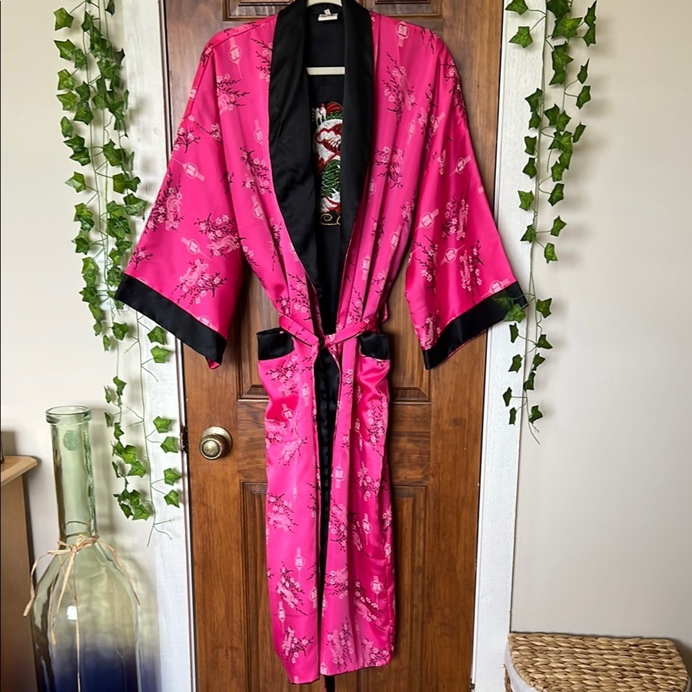 REVERSIBLE Satin Dragon Embroidered Kimono Robe Dressing Gown | XL